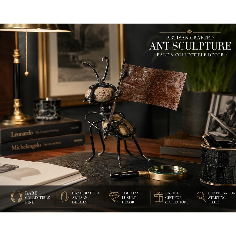 Vintage Metal Ant Sculpture Pebble Stone Folk Art Desk Decor Rustic Rare